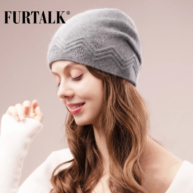 FURTALK/осенне-зимняя шерстяная Круглая Шапочка, шапка для женщин, шапки из кроличьего меха со стразами, двойная шапка Skullies Beanie для женщин