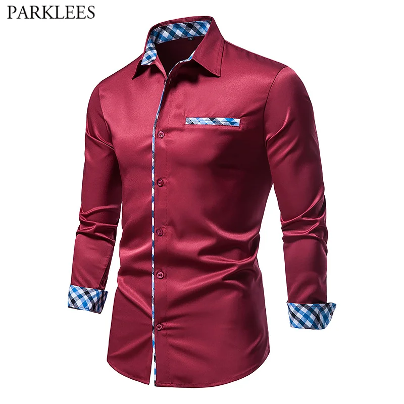 

Parklees Mens Plaid Stitching Dress Shirts 2021 Brand New Formal Business Shirt Men Long Sleeve Casua Button Down Chemise Red