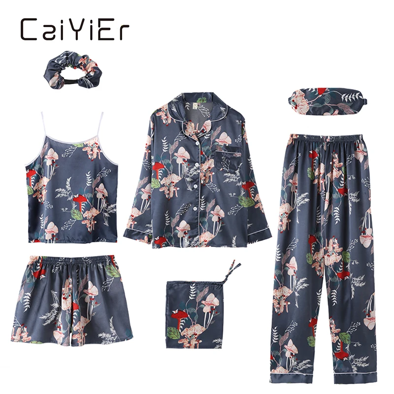 CAIYIER 7 Pcs Flower Silk Satin Pajamas Set Sexy Lingerie Sleepwear Suit Long Sleeve Top Elastic Waist Pants Women Robe Homewear