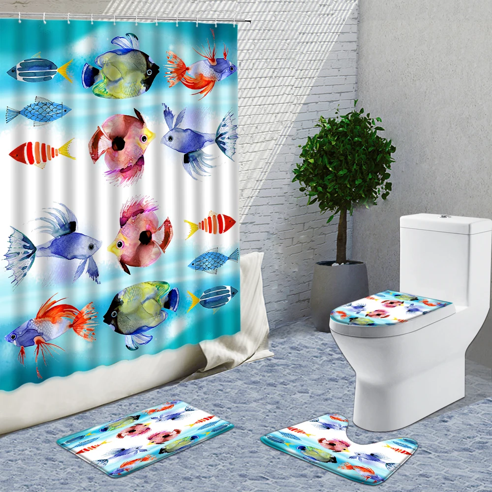

Tropical Fish Shower Curtain 4-Piece Set Painted Colorful Underwater Creatures Bath Decor Curtains Non-Slip Mat Bathroom Supply