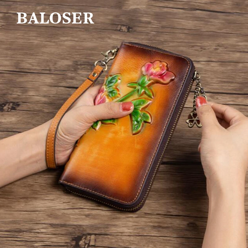 Women Retro Long Wallet Luxury Zipper Credit Card ID Holder Purse Hand Painted 3D Flower Holder