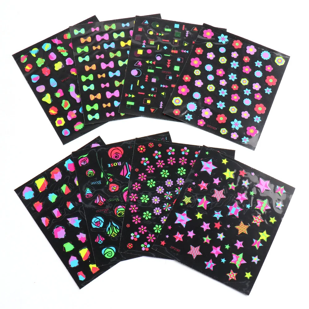 

1 piece/set luminous nail stickers stars/flowers/geometric/bow knot nail art design glow in the dark nail decorations DP3181