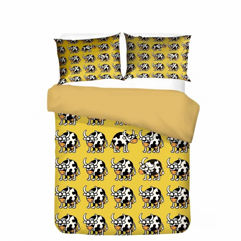 Набор постельного белья "Коровьи пятна", 2/3 предмета, с ковровым покрывалом в 3D на желтом фоне - подарок.