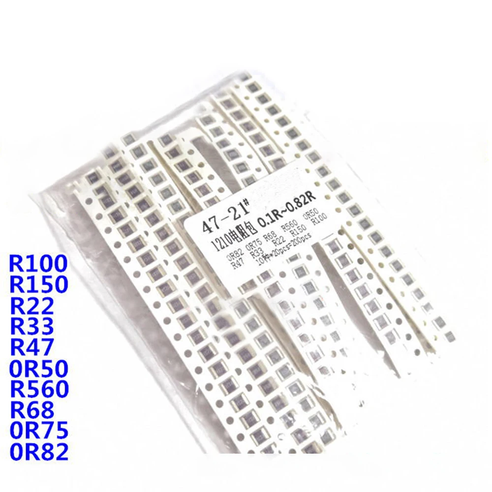 

200 шт. 5% SMD резисторы, набор в ассортименте, 10 valuex20 шт. = 1210 шт. 0R82 0R75 R68 R560 0R50 R47 R33 R22 R150 R100