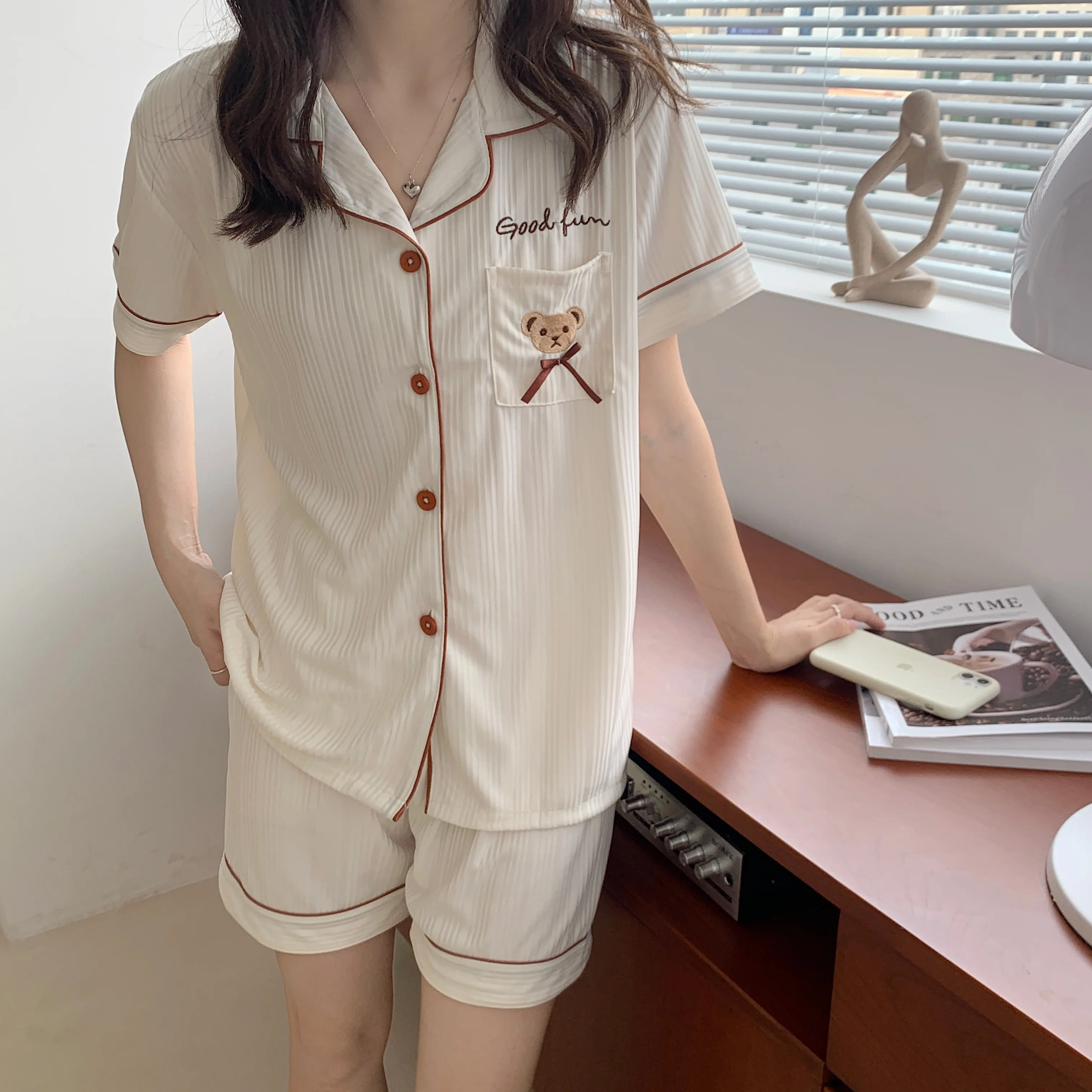 CAIYIER 2021 Japanese Summer Bear Print Women Pajamas Set Cotton Simple Short Sleeve Sleepwear New Ladie Home Service Suit M-2XL