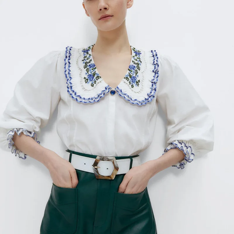 

Женская рубашка, Новинка осени 2021, темпераментный кукольный воротник, хлопковая вышитая белая рубашка с длинным рукавом и оборками, Притале...