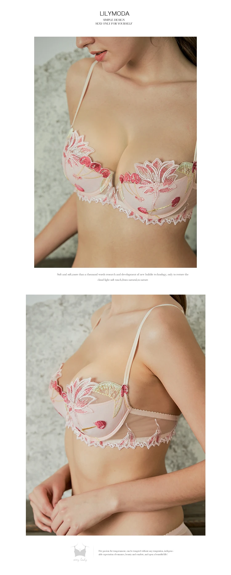 LILIMODA женский сексуальный удобный тонкий хлопковый бюстгальтер, наборы бюстгальтеров с цветочной кружевной вышивкой на косточках, нижнее белье синего цвета