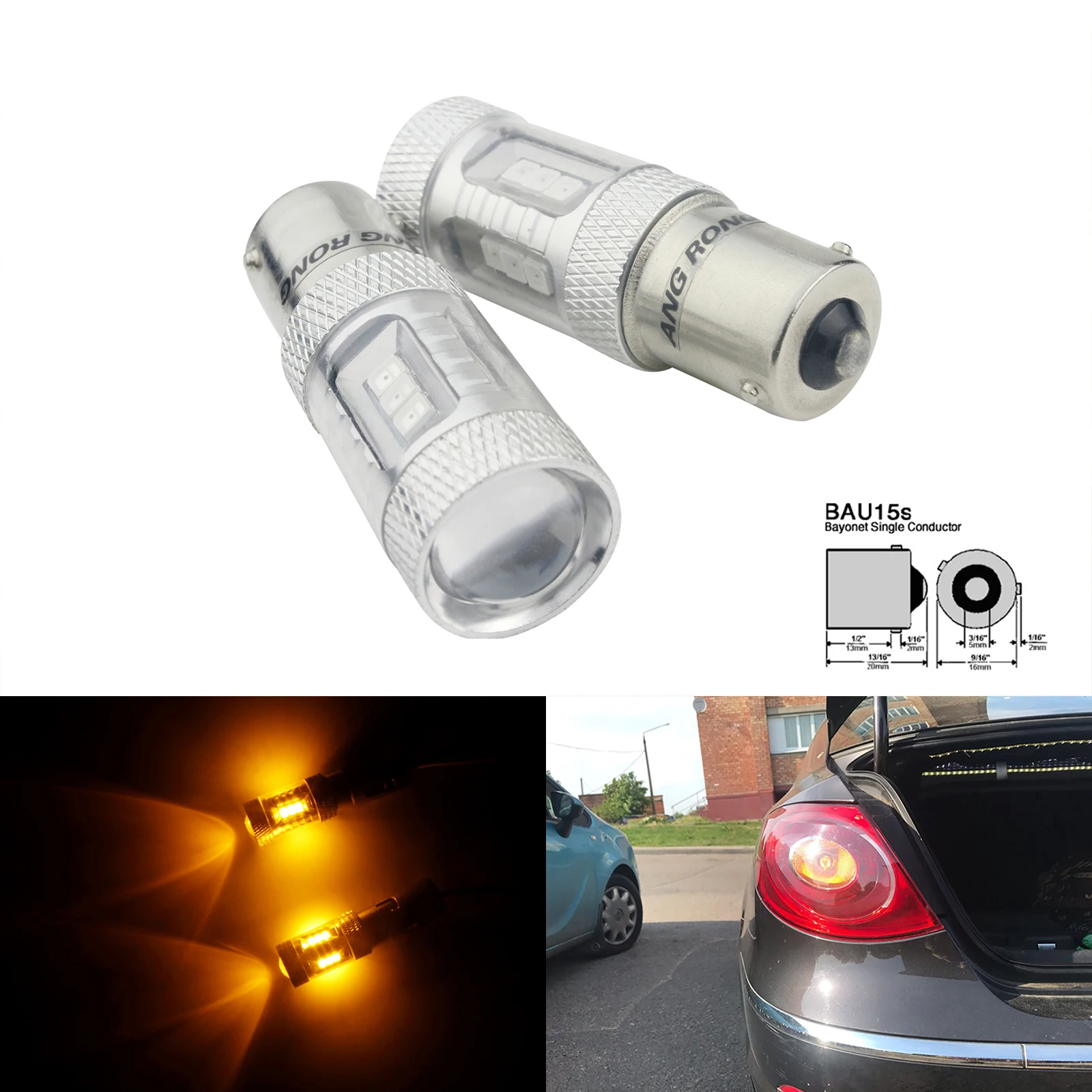 

ANGRONG 2x LED Chips 581 Amber Indicator Car Bulbs Offset Pins 12V 15w BAU15S PY21W Lamps