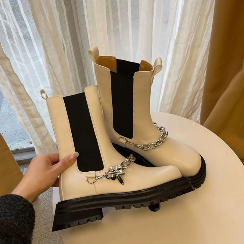 

Женские ботильоны челси из натуральной кожи, с металлической цепочкой, на среднем каблуке