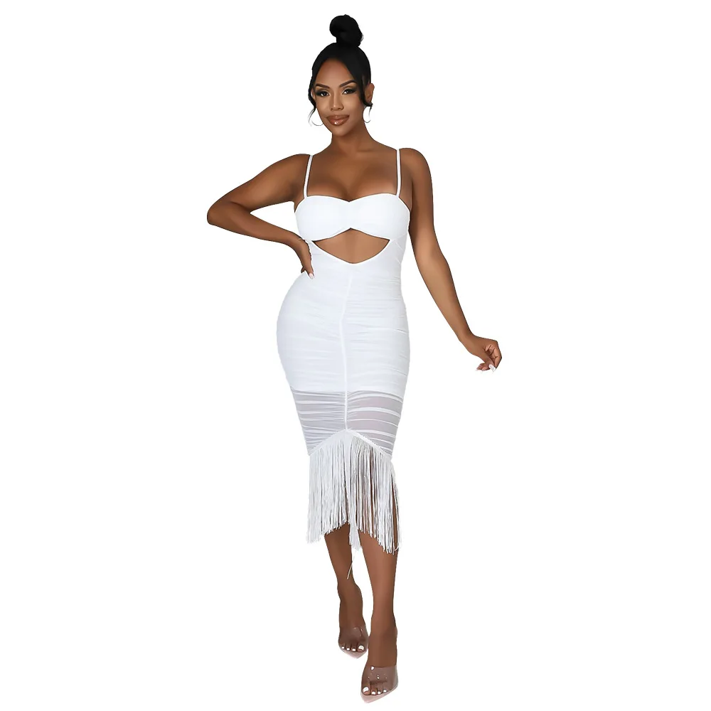

Evening Dresses Women Sling Hollow Out Fashion Temperament Sexy Mesh Patchwork Pleated Tassel Midi Dress Wholesale Dropshipping