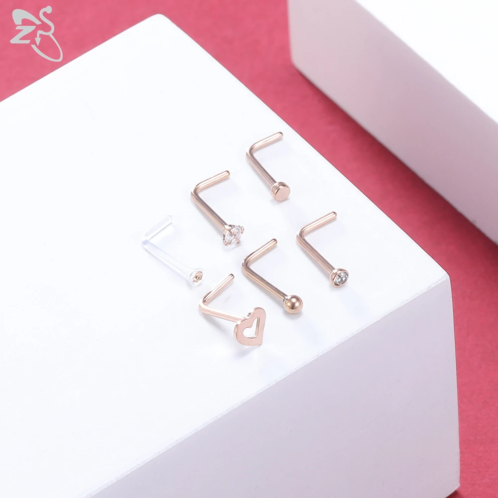 

6pcs/lot Stainless Steel Nose Piercing CZ Crystal Heart Ball Nose Studs Retainer Pin L Shape 2MM Nostril Piercing Jewelry 20g