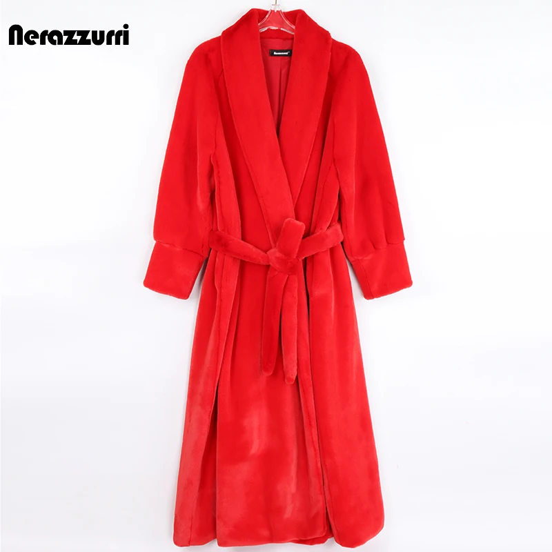 

Nerazzurri Winter Long Warm Red Skirted Faux Fur Coat Women Shawl Collar Belt Elegant Luxury Fluffy Sheared Mink Fur Overcoat