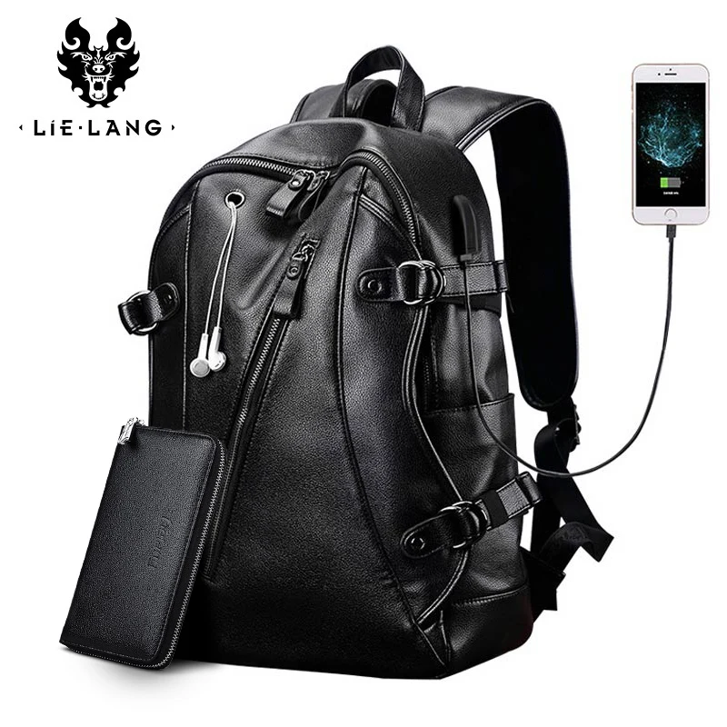 LIELANG Men women Backpack External USB Charge Waterproof Backpack PU Leather Travel Bag Casual School Bag new student bookbag