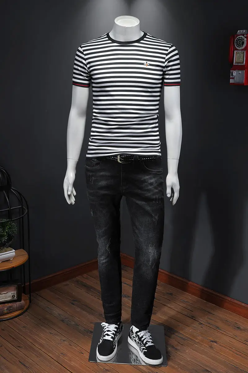 

2021 New Men's Mercerized Cotton Short Sleeve Stripe Embroidery Europe And The United States Contracted Commercial Wind Best