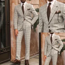 Ivory Men Suits Plaid Handsome Wedding Tuxedo Jacket Blazer Costumes Hommes Groom Formal Tailored Pants Suits Set (3)