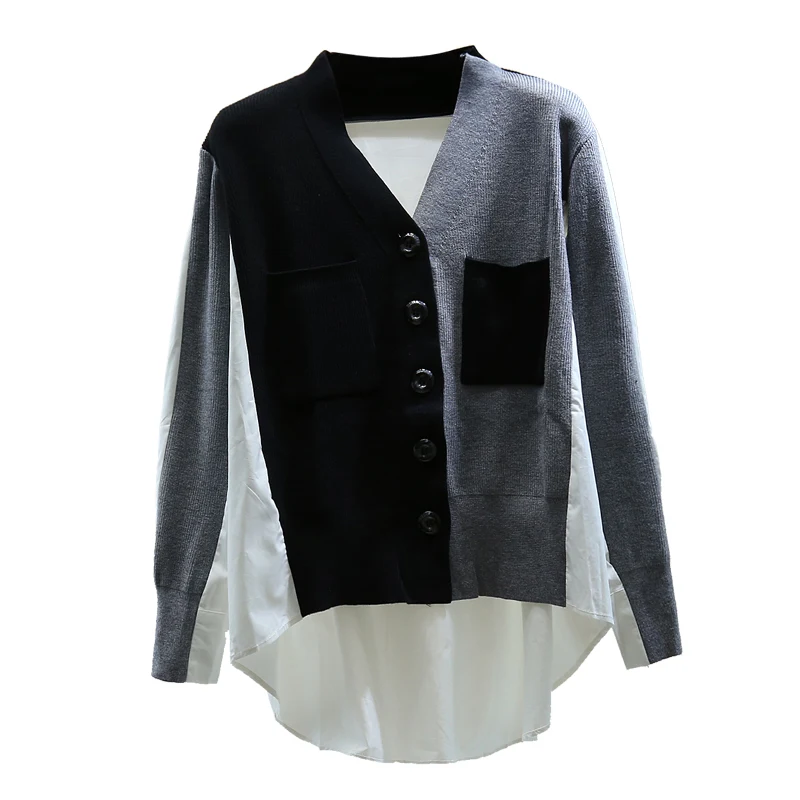 

2020 Autumn Sweater Cardigan Woman New Contrasting Color Stitching Knitted Cardigan Jacket Loose Temperament Lady Cardigan Coat