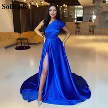 SoDigne Vestidos De Noche largos De satén, traje Formal De fiesta, frontal y lateral con un hombro, color azul real, línea A, 2022 (4)