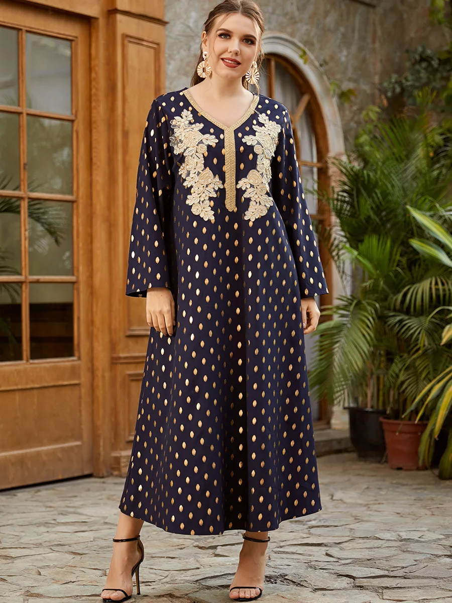 Платье мусульманское в горошек с вышивкой, осенняя абайя для женщин, турецкий исламский сарафан, марокканский кафтан, арабский эльбиз