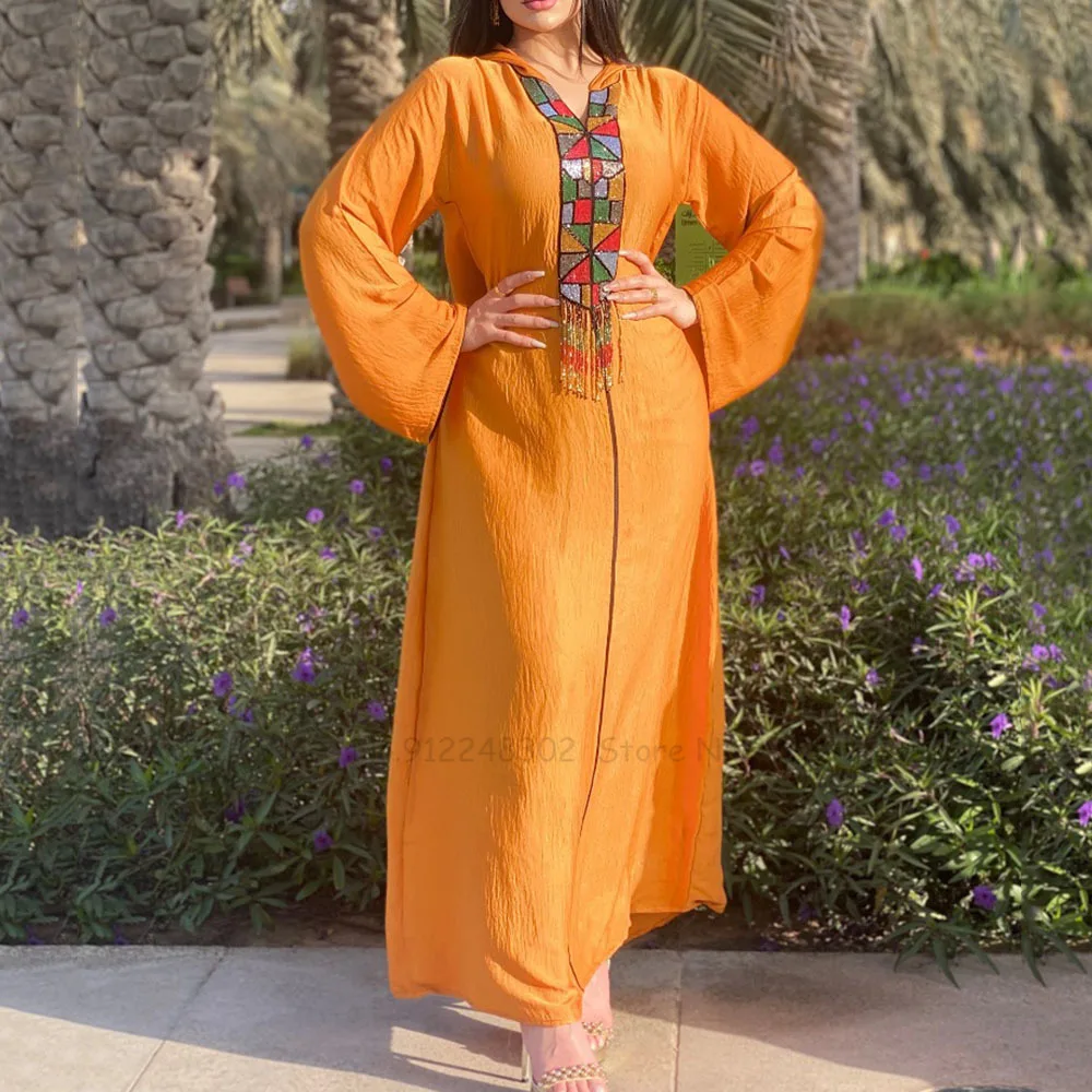 Мусульманское модное женское оранжевое вечернее платье с капюшоном Повседневная Блузка с длинным рукавом Дубай абайя Арабская Индия Ислам...