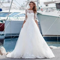 excellent lace appliques beach bride dresses a line wedding gowns 2021 scoop neck court train three quarter sleeve bridal dress