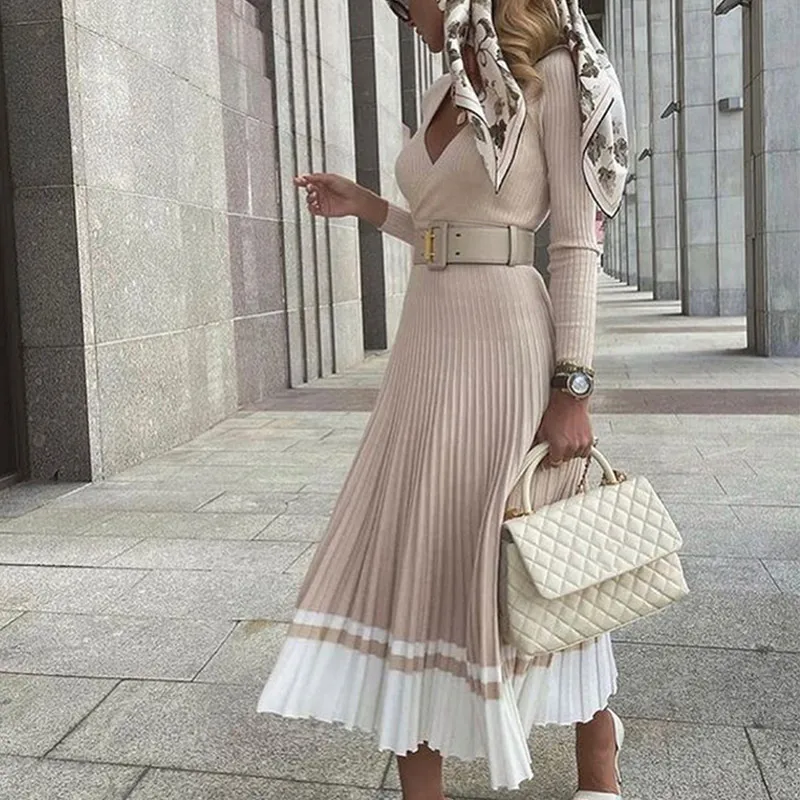 

Women Knitted Pleated Dress Long Sleeves V-Neck Solid Lady Sweater Party Dresses Autumn Winter Fashion Female A-Line Maxi Dress