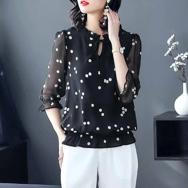 

Fashion Women Spring Summer Style Chiffon Blouses Women Casual Long Sleeve Loose Printed Polka Dot Shirt Women's Tops