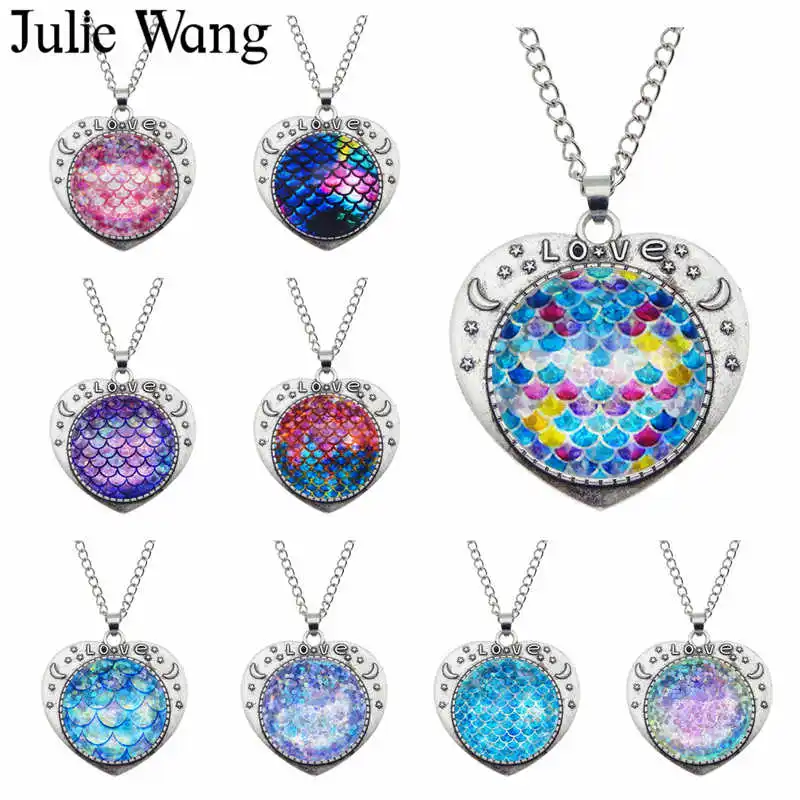 Julie Wang 25mm Glass Mermaid Fish Scale Necklace Women Heart Cabochon Setting Pendant Collar Chain Bohemian Fashion Jewelry | Украшения и