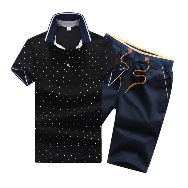 Для мужчин комплект Повседневное летние однотонные Slim Fit костюм Для мужчин s поло+ шорты, комплекты из 2 предметов Нью-Джерси Фитнес спортивный костюм для мальчиков, из дышащего материала - Цвет: FK082 Black DBlue