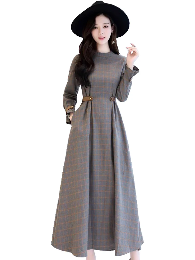 Длинное платье с круглым вырезом и узором в клетку осень 2020|big dress|fashion long dresslong dress |