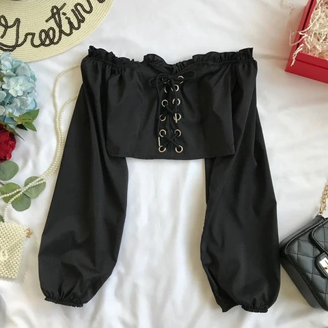 Fashion Woman Blouses Sexy Cut out Crop Tops Ruffle Vintage Blouse With Puff Sleeves Lace Up Ladies Shrts Off Shoulder Luxury
