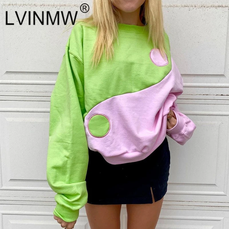 

LVINMW Pullovers Tai Chi Panelled Chinese Style Trendy Hoodie Crew Neck Patchwork Casual Sweet Long Sleeve Top Loose Autumn