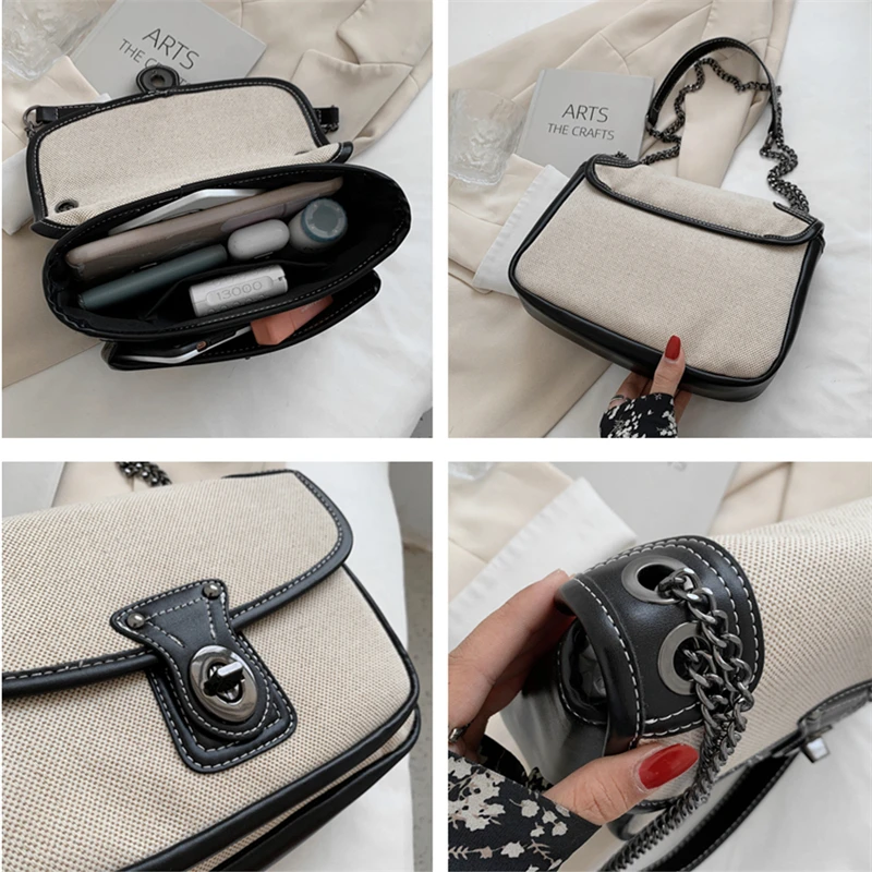 

Two Tones Light Canvas Chain Messenger Shoulder Bags For Women Vintage Turn Lock Large Capacity Ladies Work Tote Bag 2021 Autumn