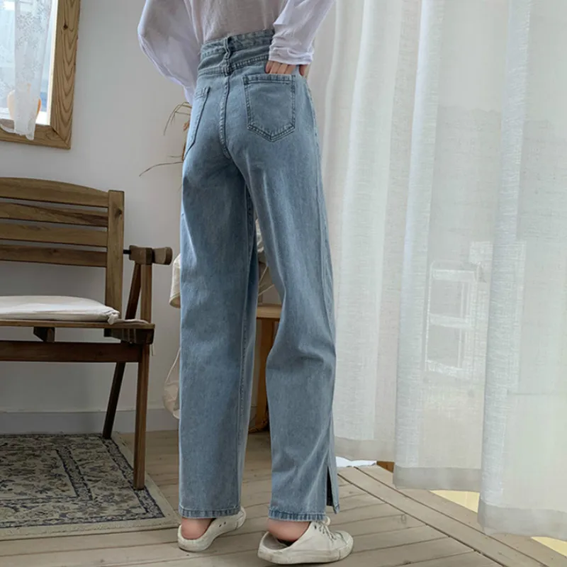 

Zoulv Solid Wide Leg Side-slit Vintage Washed High Waist Simple Streetwear Stylish Casual Ladies Trousers Chic Women Jeans