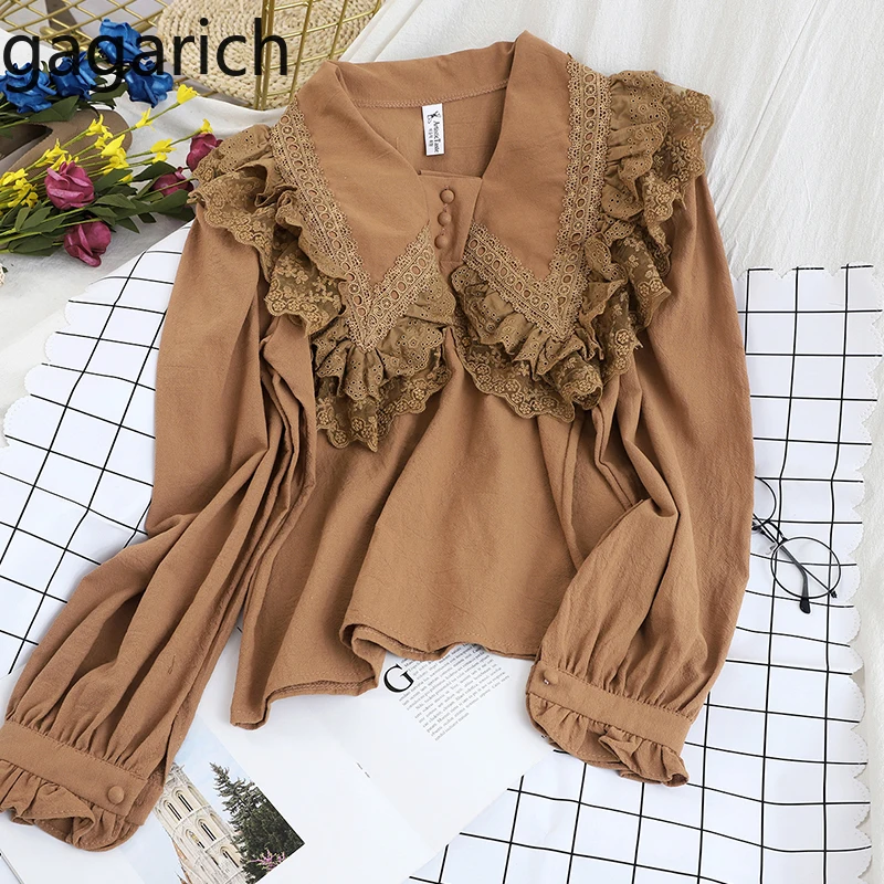 Gagarich женские блузки корейская мода кружева шить Питер Пэн воротник полный