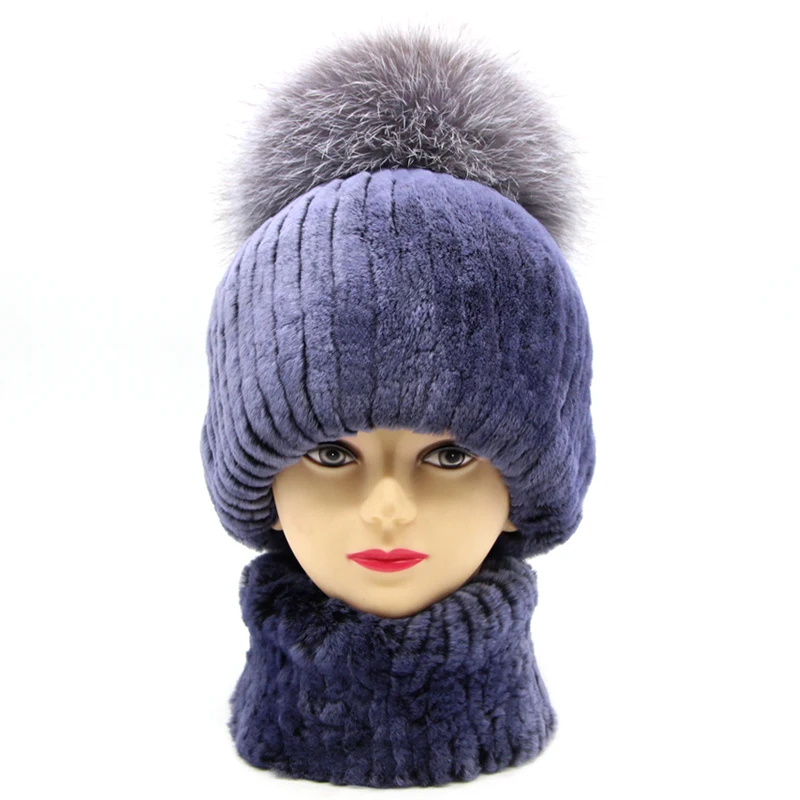 Rex rabbit fur hat female winter fox fur ball thick warm knitted earmuff wool cap