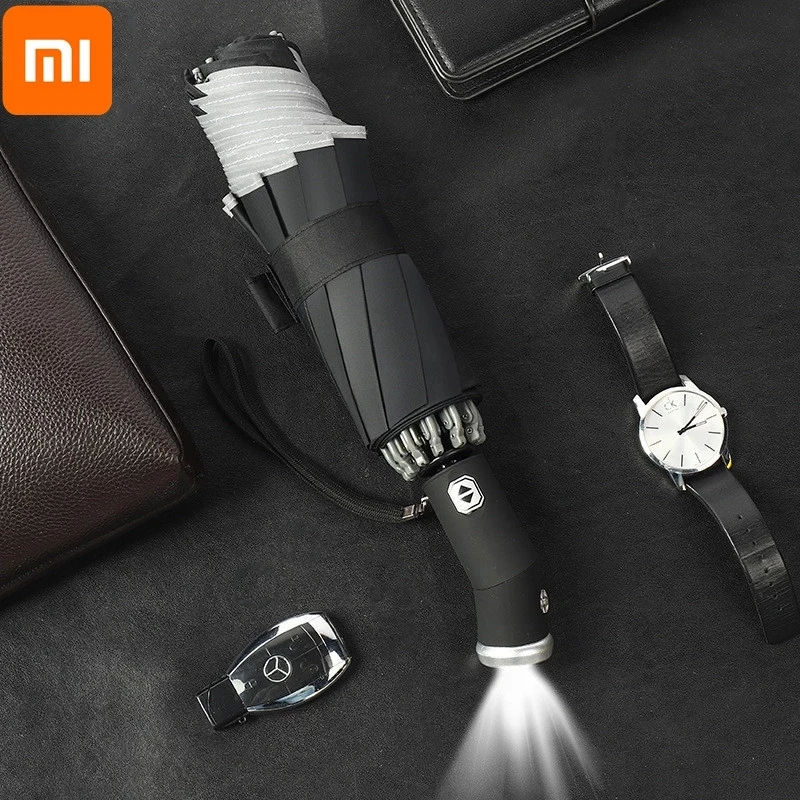 

Xiaomi LED Automatic Windproof Umbrella With Reflective Stripe Reverse Light Umbrella Three Folding Inverted 10 Ribs Umbrellas