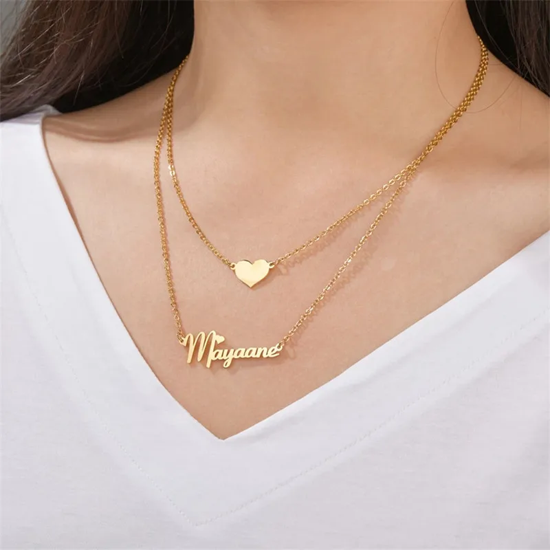 

Customized Name Necklace With Heart Choker Stainless Steel Double Pendant Necklace Personalized Festival Memorial Gift For Women