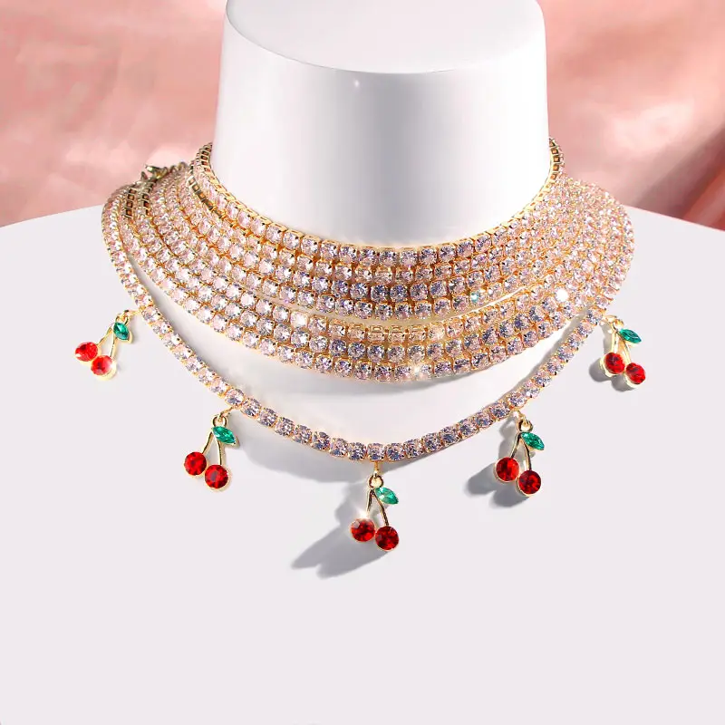

Trendy Red Crystal Cute Cherry Pendant CZ Tennis Chain Necklace For Women Gold Silver Color Shiny Chain Necklaces Female Jewelry