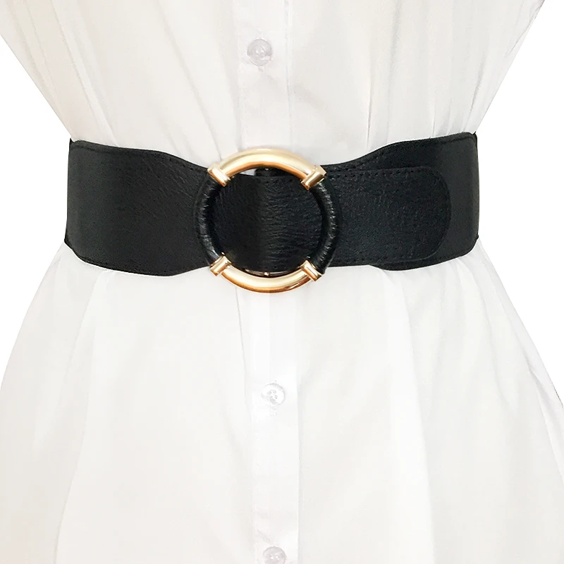 

Elastic PU Ladies Belt for Dress Round Buckle Waist Belt for Coat Black White Red Female Corset Belt Strap