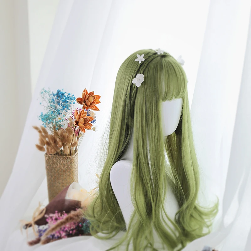 

LANLAN Wig Female Green Long Curly Wig With Air Bangs Girl Daily Party Cosplay Wig Heat Resistant Fiber Synthetic