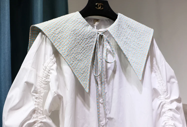 

Plaid Sailor Collar Patchwork Women Tops Puff Sleeve Loose Shirt Mid-Length Long Sleeve Drawstring White Blouse Camisa De Mujer