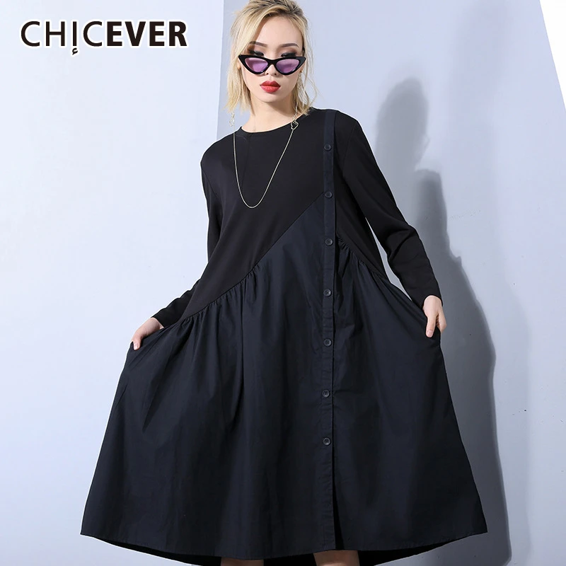 CHICEVER лоскутное свободное женское платье с О образным вырезом длинным рукавом