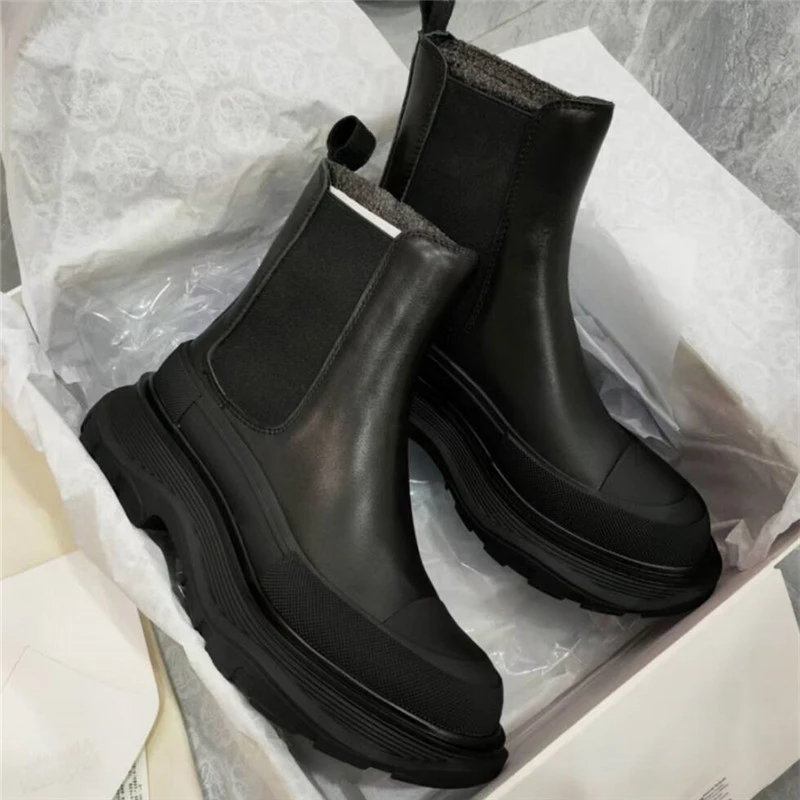 

Heightened Platform Women Boots British Style Thick Sole Slip-on Short Boots Round Toe Real Leather Casual Chelsea Winter Boots