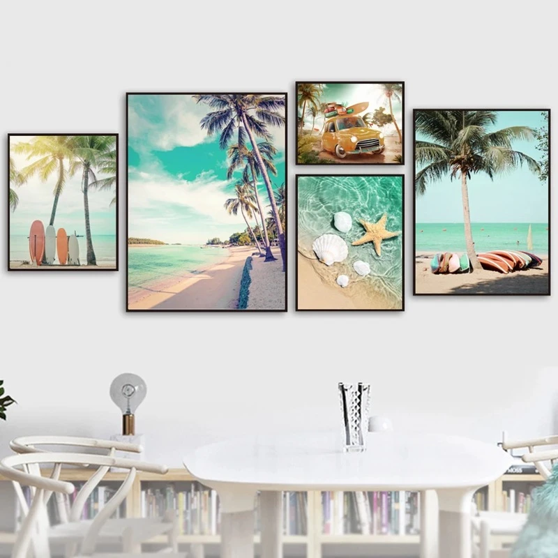 

Beach Palm Coconut Tree Starfish Surfboard Sea Wall Art Canvas Painting Nordic Posters Prints Pictures For Living Room Decor