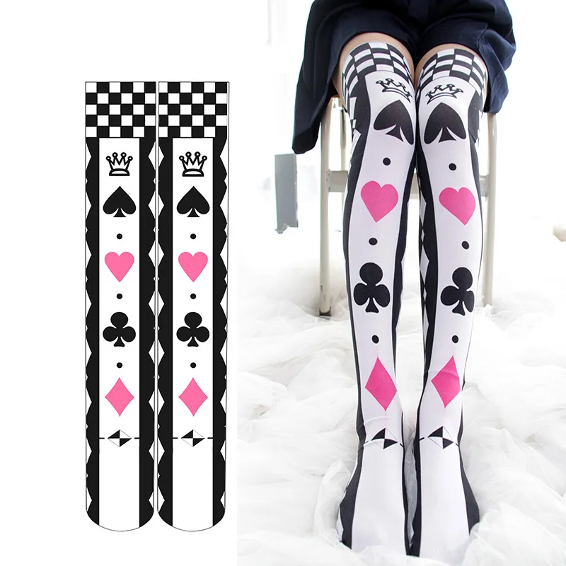 

Gothic Style Poker Printed Cute Stockings Women Cosplay Socks Lolita Girls Thigh High Sock Japanese Over Knee Stocking