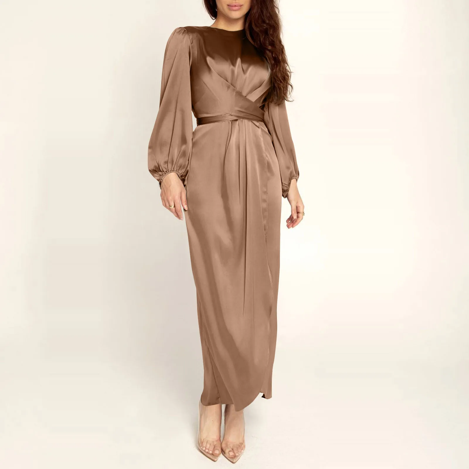 Женское вечернее Платье макси однотонное атласное до щиколотки с круглым