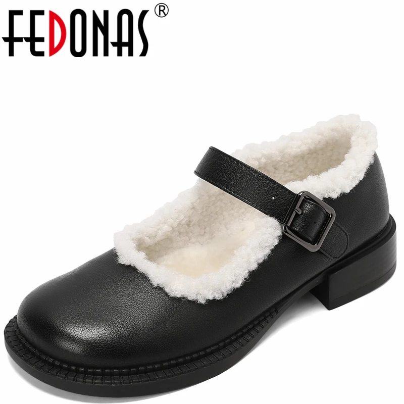 

FEDONAS Mary Janes Low Heels Women Pumps Autumn Winter Wool Warm Working Casual Retro Buckle Fur Genuine Leather Shoes Woman