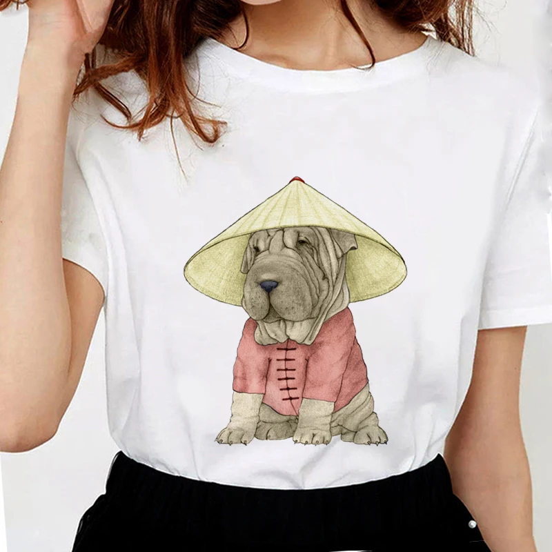 Женская футболка с забавным принтом Shar pei Dog белая Повседневная из мягкого хлопка