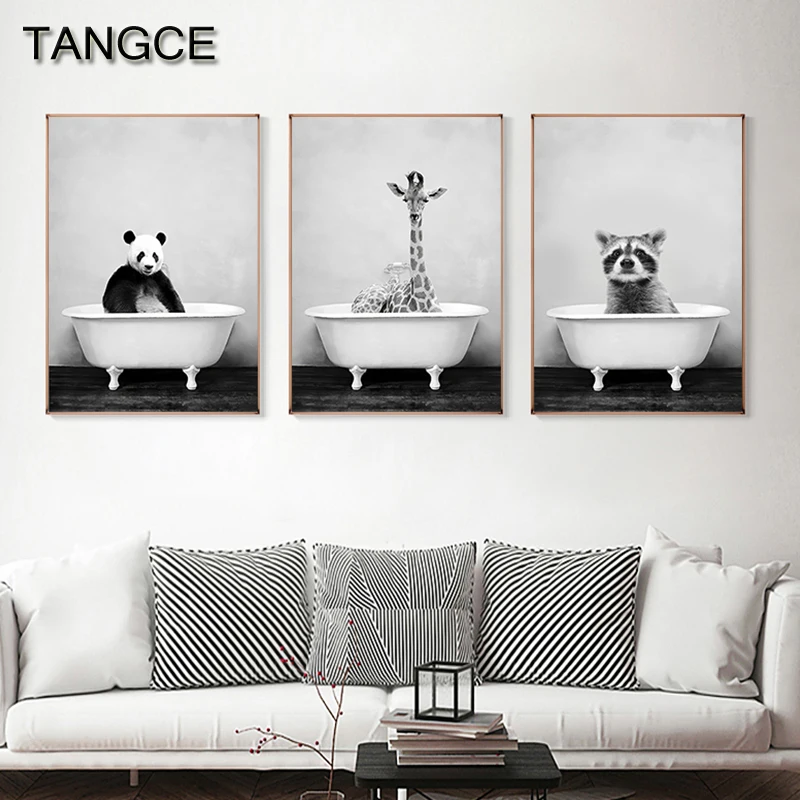 

Nordic Cartoon Animals Canvas Print Painting Fashion Decoration Picture Wall Art Giraffe Wild Boar Bear HD Poster Bathroom Decor
