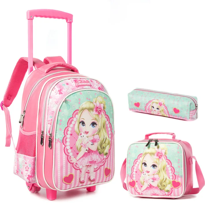 school Trolley Bag with wheels with lunch bag set Wheeled backpack for girls Trolley Bags Children school Rolling backpack bag